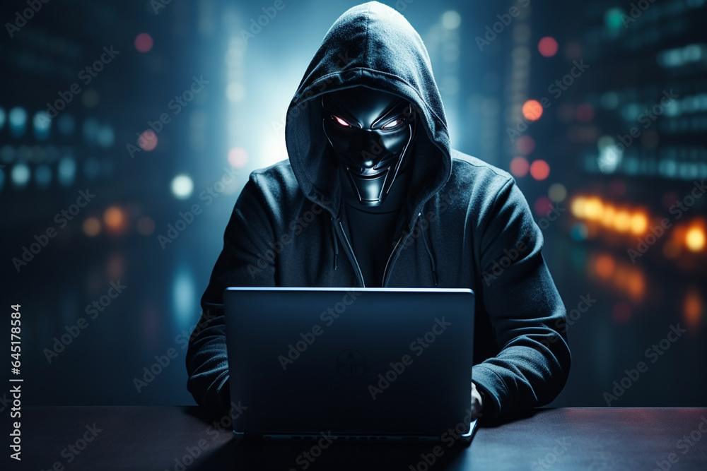Hooded hacker stealing information from a laptop. Dark background.