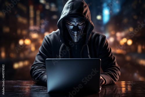 Hooded hacker stealing information from a laptop. Dark background.