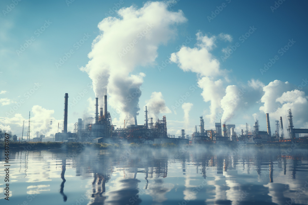 Refinery plant with smokestack at sunrise. Industrial landscape
