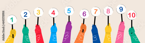 Numbers in hands. Numeric scorecard for judge competition. Jury results. Colorful vector illustration photo