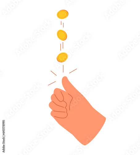 Hand tossing golden coin. Flat vector illustration isolated on white background.