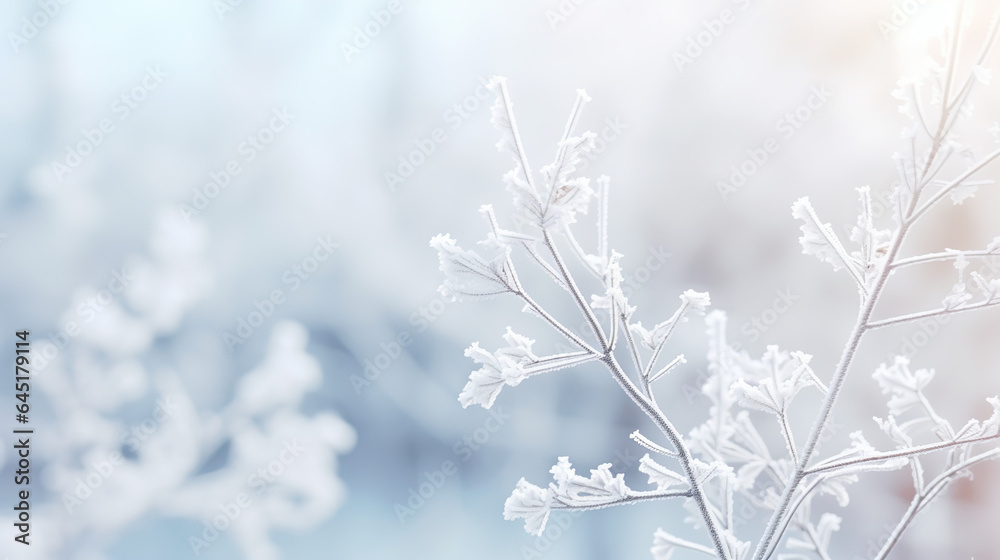 A White beaytiful winter Christmas blurres background. Winter atmospheric natural landscape with frost - covered dry branches during snowfall.