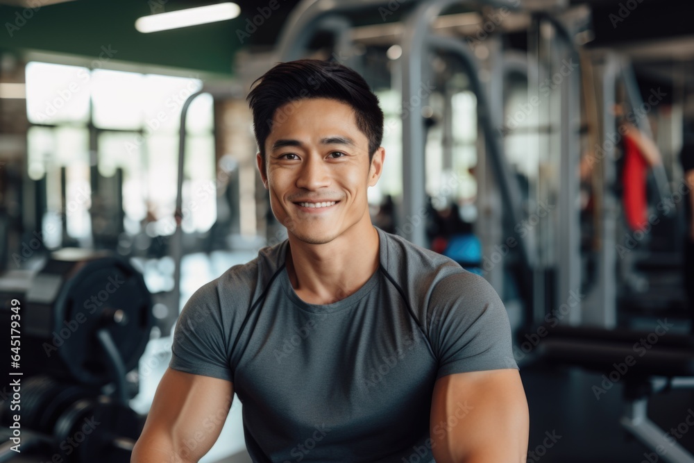 Smiling portrait of a happy young male asian american fitness instructor in an indoor gym Smiling portrait of a happy young male asian american fitness instructor in an indoor gym