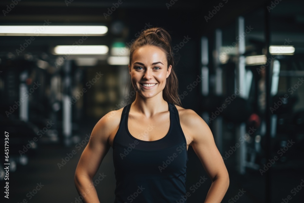Smiling portrait of a happy young female caucasian fitness instructor working in an indoor gym