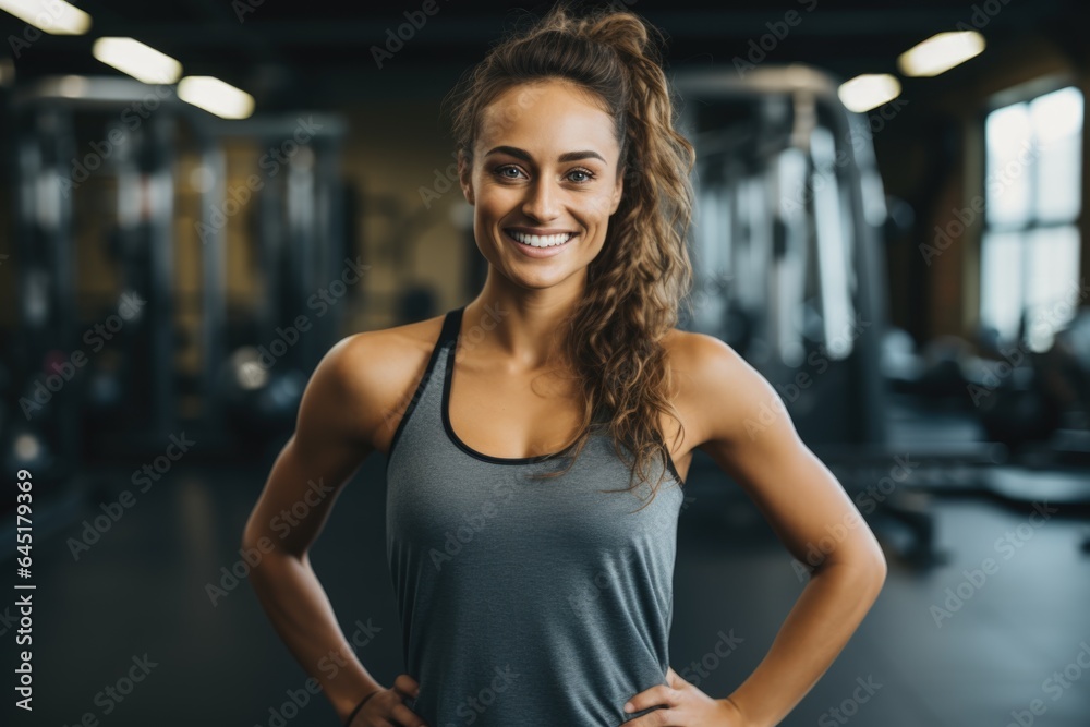 Fototapeta premium Smiling portrait of a happy young female caucasian fitness instructor working in an indoor gym