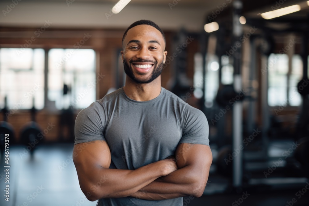 Smiling portrait of a happy young male african american fitness instructor in an indoor gym