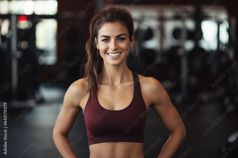 Smiling portrait of a happy young female caucasian fitness instructor working in an indoor gym Smiling portrait of a happy young female caucasian fitness instructor working in an indoor gym