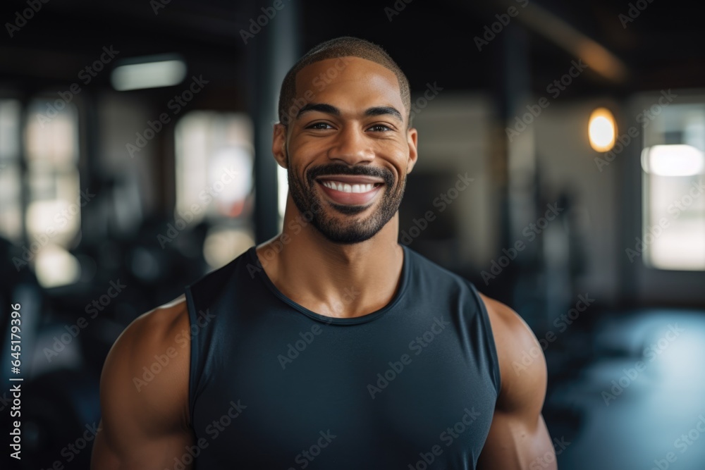 Smiling portrait of a happy young male african american fitness instructor in an indoor gym Smiling portrait of a happy young male african american fitness instructor in an indoor gym