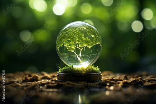 Glass globe with green tree inside on nature background. Ecology concept.