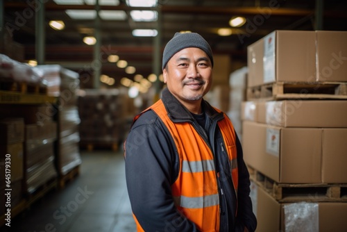 Smiling portrait of a happy middle aged mexican warehouse worker or manager working in a warehouse