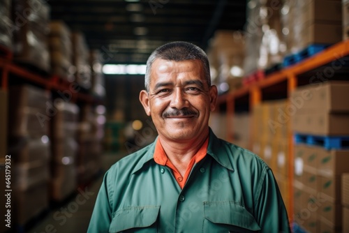 Smiling portrait of a happy middle aged mexican warehouse worker or manager working in a warehouse