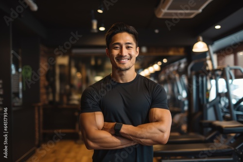 Smiling portrait of a happy young male asian american fitness instructor in an indoor gym © NikoG