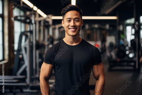 Smiling portrait of a happy young male asian american fitness instructor in an indoor gym