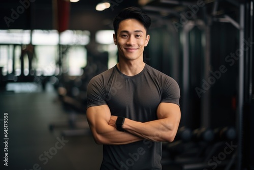 Smiling portrait of a happy young male asian american fitness instructor in an indoor gym © NikoG