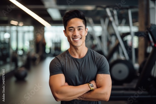 Smiling portrait of a happy young male asian american fitness instructor in an indoor gym