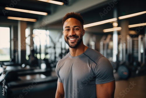 Smiling portrait of a happy young male african american fitness instructor in an indoor gym