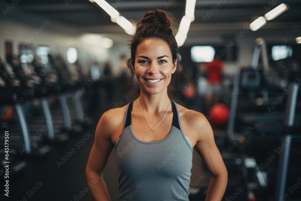 Fototapeta premium Smiling portrait of a happy young female caucasian fitness instructor working in an indoor gym