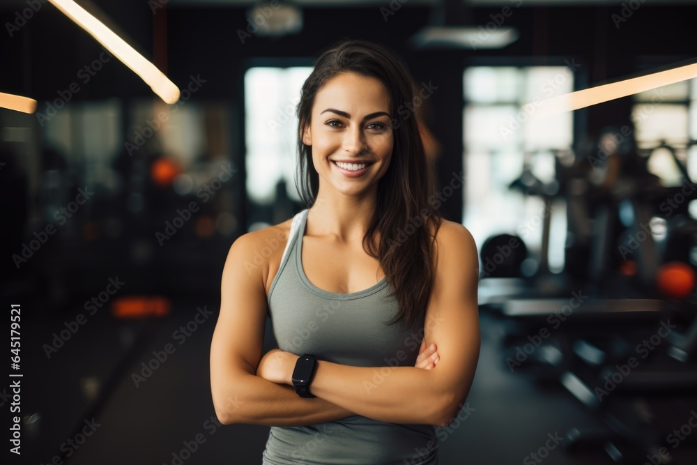 Smiling portrait of a happy young female caucasian fitness instructor working in an indoor gym