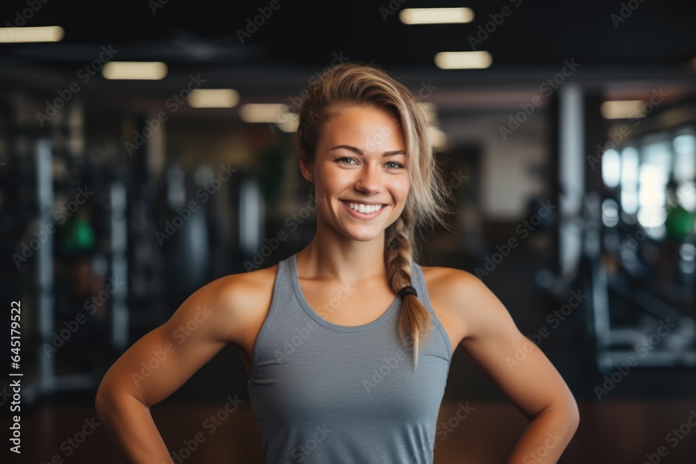 Fototapeta premium Smiling portrait of a happy young female caucasian fitness instructor working in an indoor gym