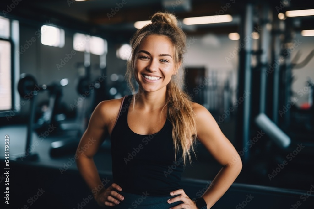 Fototapeta premium Smiling portrait of a happy young female caucasian fitness instructor working in an indoor gym