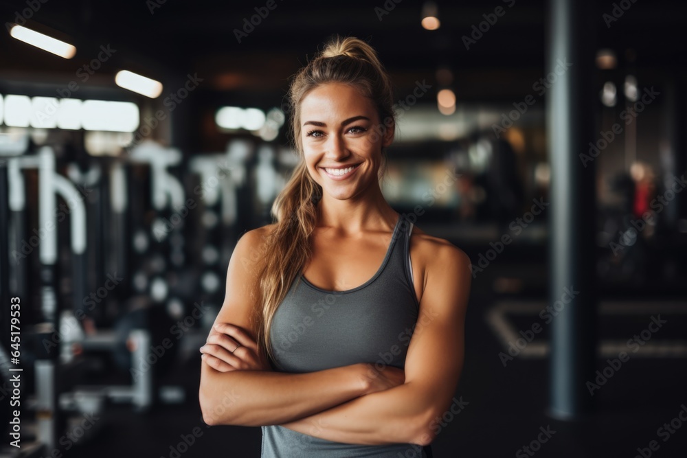 Smiling portrait of a happy young female caucasian fitness instructor working in an indoor gym