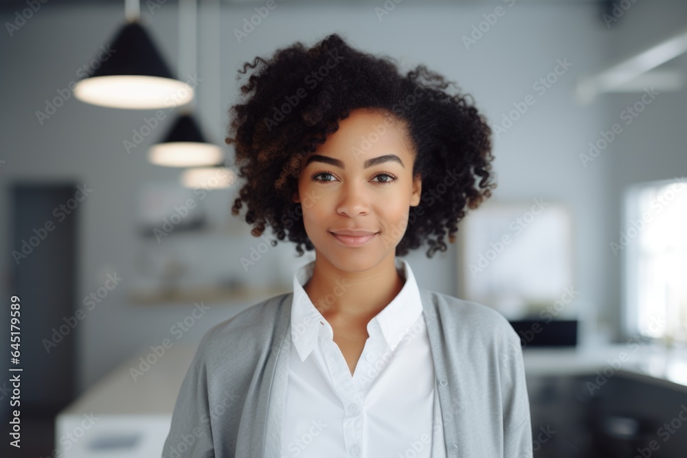 Smiling portrait of a happy young african american woman working for a startup company in an office