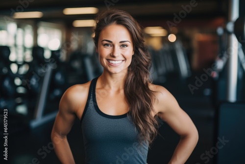 Smiling portrait of a happy young female caucasian fitness instructor working in an indoor gym