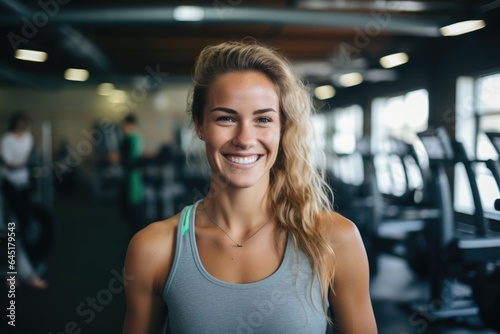 Smiling portrait of a happy young female caucasian fitness instructor working in an indoor gym