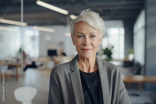 Smiling portrait of a happy senior woman working for a startup company in an office