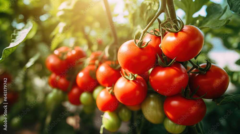 A real photo of a Bright Tomato Babies, bunch of bright red tomatoes soaked with water droplets on organic farm tomato plant, farmer's hand picking produce