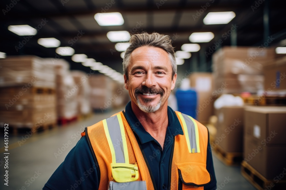 Smiling portrait of a happy middle aged warehouse worker or manager working in a warehouse Smiling portrait of a happy middle aged warehouse worker or manager working in a warehouse