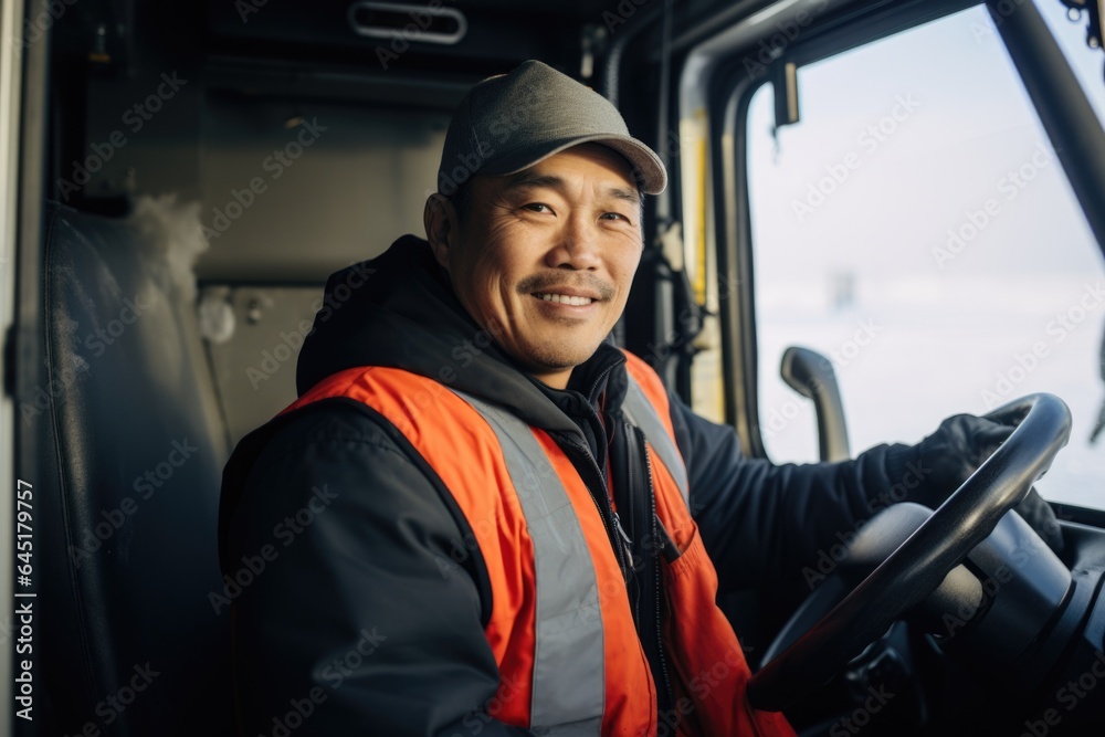 Smiling portrait of a happy middle aged asian american male truck driver working for a trucking company Smiling portrait of a happy middle aged asian american male truck driver working for a trucking company