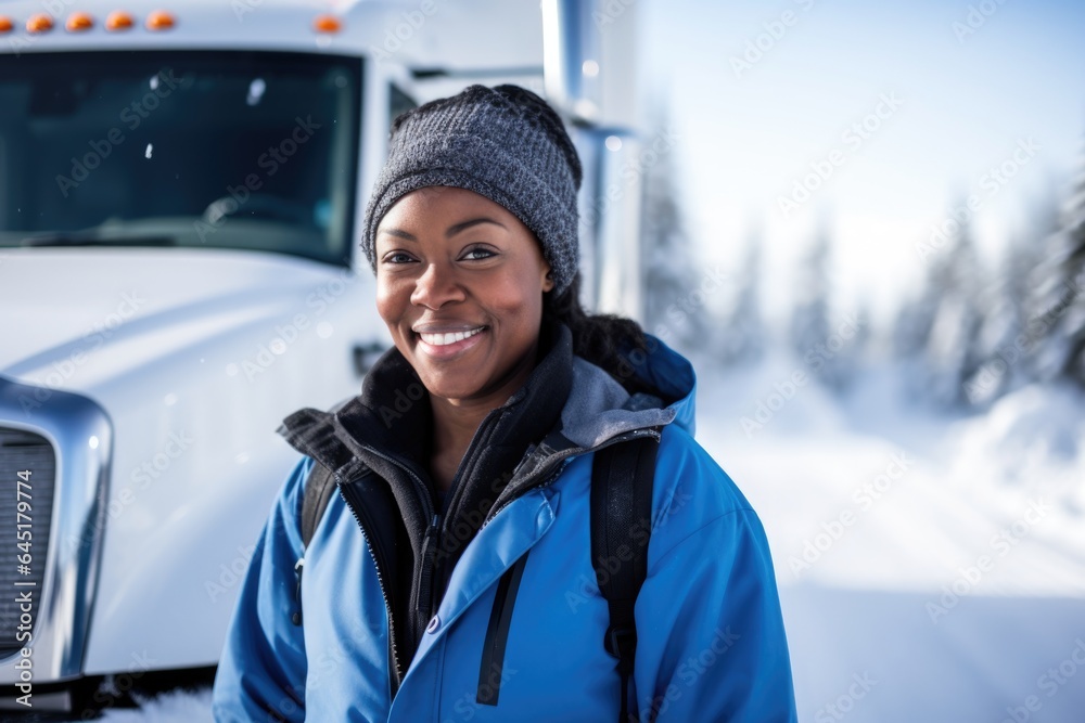 Smiling portrait of an african american female truck driver working for a trucking company Smiling portrait of an african american female truck driver working for a trucking company