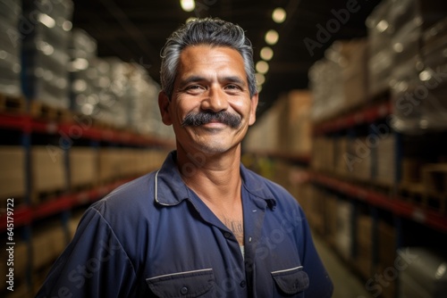 Smiling portrait of a happy middle aged warehouse worker or manager working in a warehouse © NikoG
