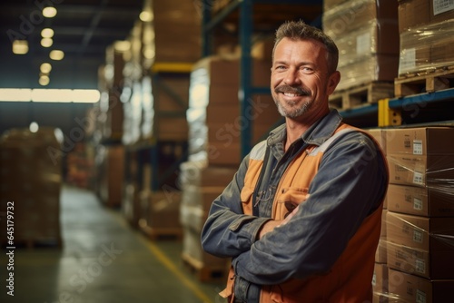 Fotótapéta Smiling portrait of a happy middle aged warehouse worker or manager working in a