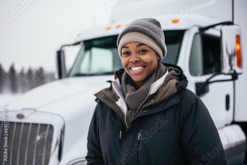 Smiling portrait of an african american female truck driver working for a trucking company © NikoG