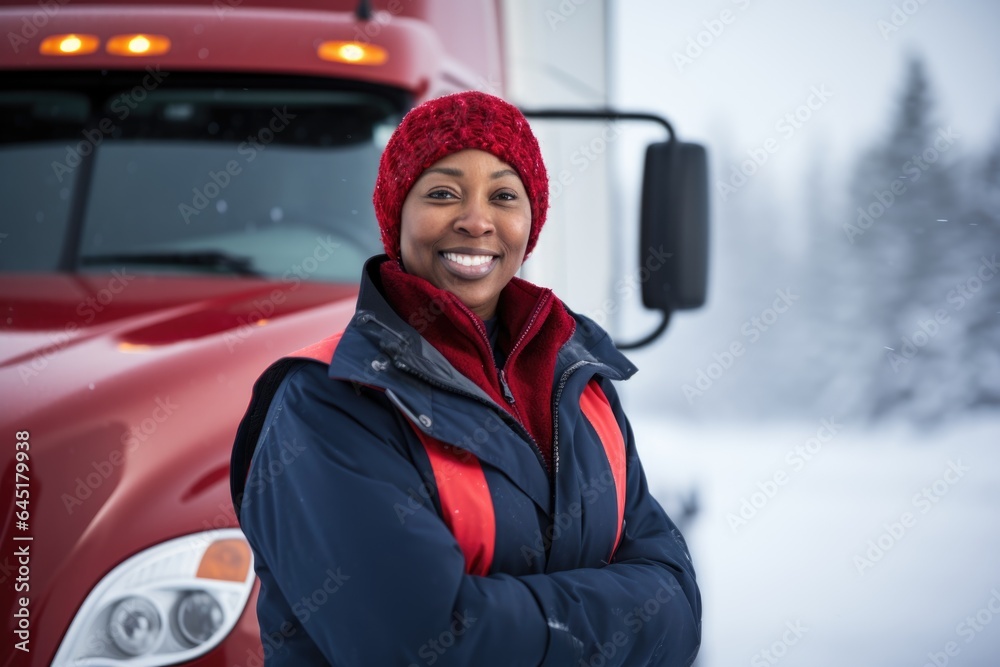 Smiling portrait of an african american female truck driver working for a trucking company Smiling portrait of an african american female truck driver working for a trucking company
