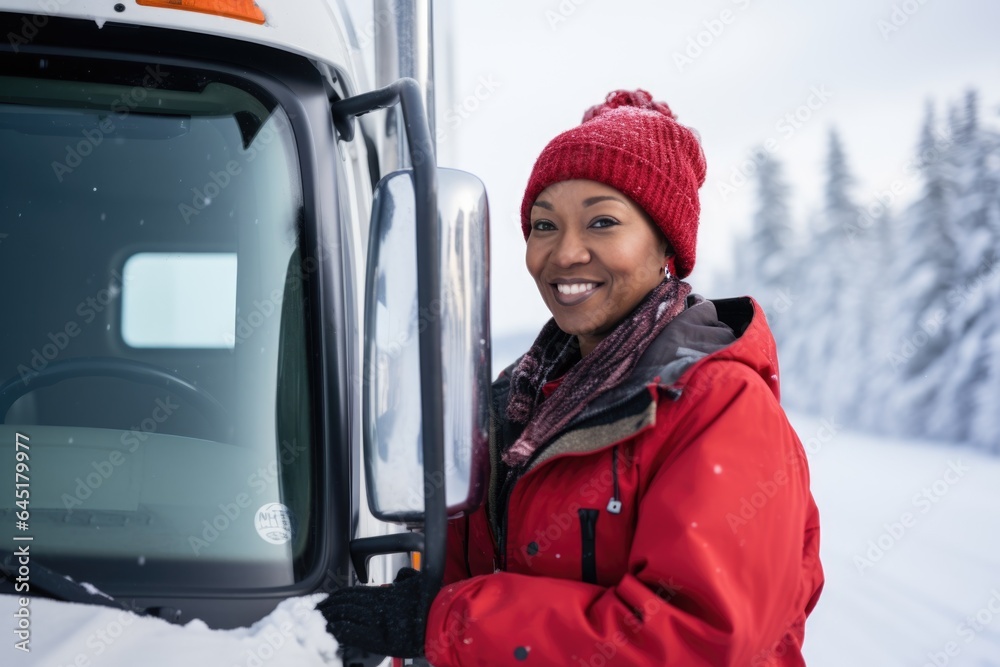 Smiling portrait of an african american female truck driver working for a trucking company Smiling portrait of an african american female truck driver working for a trucking company