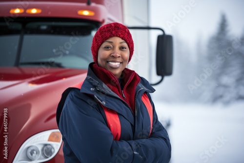 Smiling portrait of an african american female truck driver working for a trucking company
