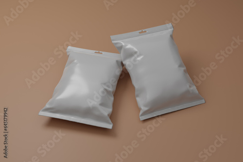 empty white front and back plastic packaging. on a brown background