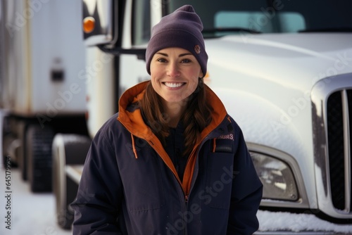 Smiling portrait of an caucasian female truck driver working for a trucking company © NikoG