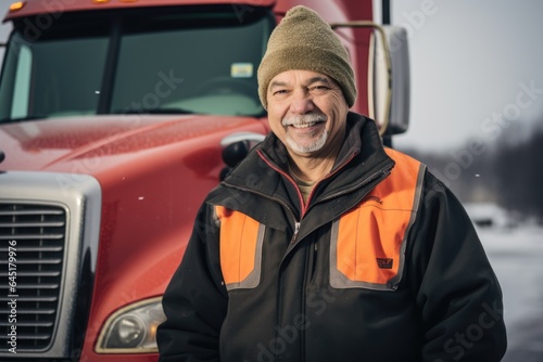 Smiling portrait of a happy middle aged caucasian male truck driver working for a trucking company © NikoG