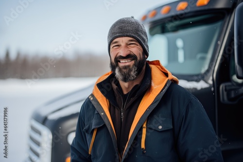 Smiling portrait of a happy middle aged caucasian male truck driver working for a trucking company