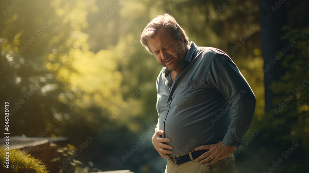 Obraz premium A real photo of Middle - aged man with stomach pain, man holding his stomach because of pain, painful man's face, hugging his stomach.