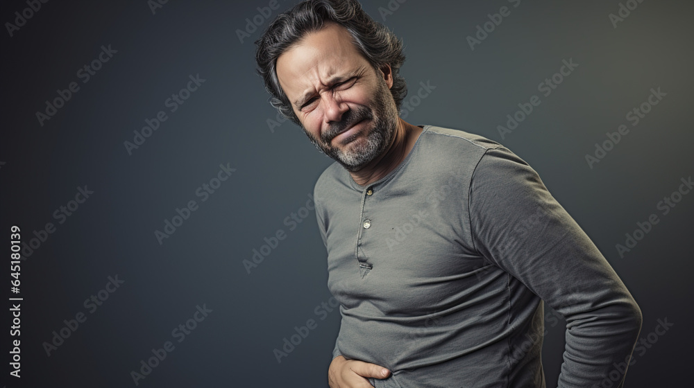 A real photo of Middle - aged man with stomach pain, man holding his stomach because of pain, painful man's face, hugging his stomach.