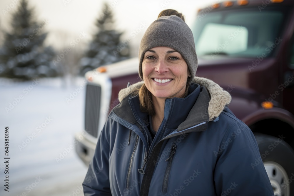 Smiling portrait of an caucasian female truck driver working for a trucking company Smiling portrait of an caucasian female truck driver working for a trucking company