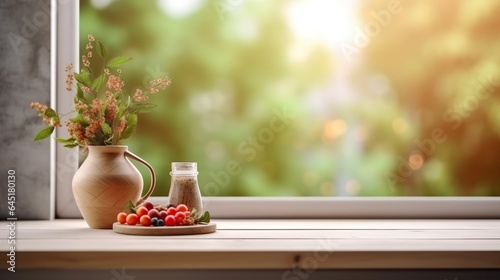 Wooden table on blurred kitchen bench background, Empty beautiful wood table top counter and blur bokeh modern kitchen interior background in clean and bright