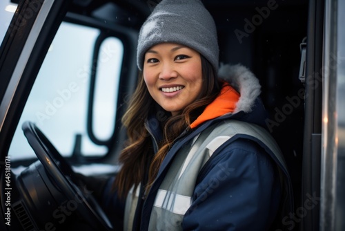 Smiling portrait of an asian american female truck driver working for a trucking company © NikoG