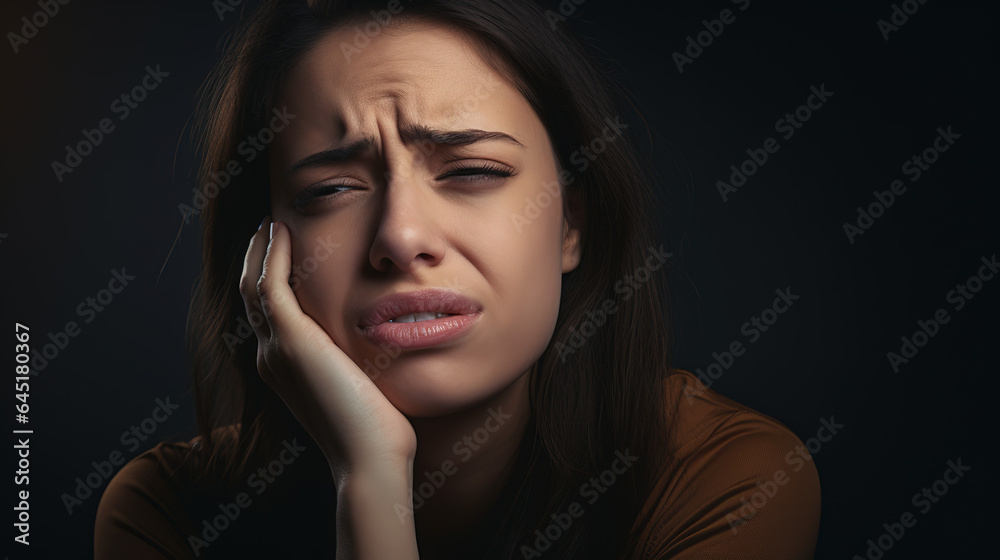 A real photo of portrait of girl having toothache, severely painful face, girl holding her cheek in pain
