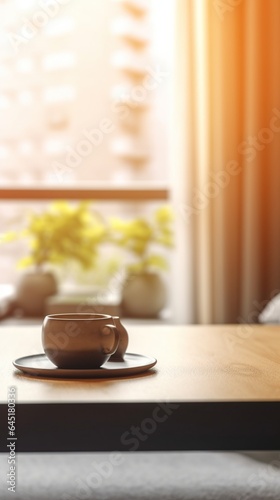 Wooden table on blurred kitchen bench background, Empty beautiful wood table top counter and blur bokeh modern kitchen interior background in clean and bright